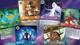 All of the cards from Disney Lorcana: Disney100 Edition floating on a starry background