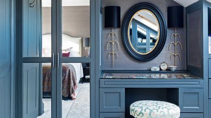 blue closet with dressing table