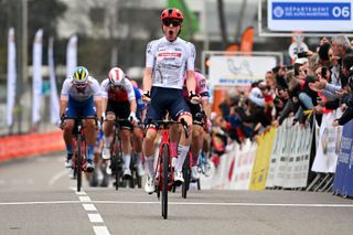 ANTIBES FRANCE FEBRUARY 18 Mattias Skjelmose of Denmark and Team Trek Segafredo White best young jersey celebrates at finish line as stage winner during the 55th Tour Des Alpes Maritimes Et Du Var 2023 Stage 2 a 1794km stage from MandelieulaNapoule to Antibes tour0683 on February 18 2023 in Antibes France Photo by Luc ClaessenGetty Images