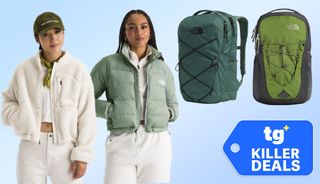 Two jackets and two backpacks from The North Face on a blue background with a TG killer deals badge