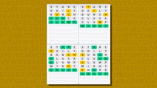 Quordle daily sequence answers for game 739 on a yellow background
