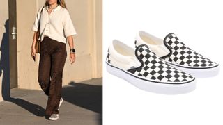 composite of street style shot of woman wearing wide legged trousers and Vans and a pair of checked Vans in monochrome