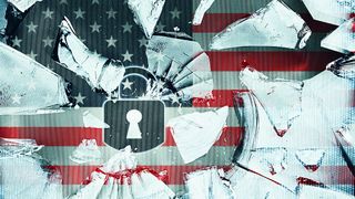 Abstract image showing a padlock and broken glass superimposed over a US flag to symbolise national cyber security