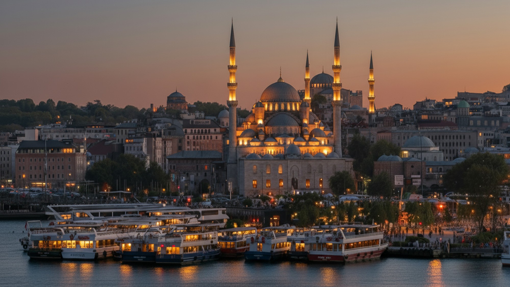 The illuminated Yeni Camii, New Mosque and the Hagia Sophia