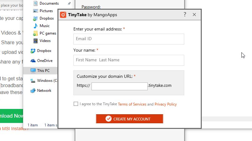Before you can use TinyTake, you'll need to pick a subdomain for your cloud storage