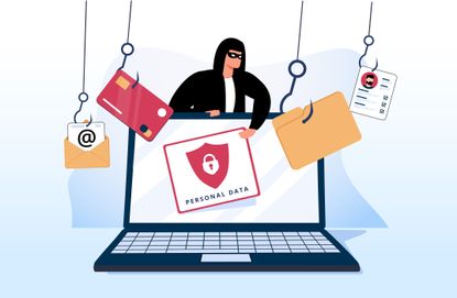 Illustration of banking scams or data breach - hacker and cyber criminals phishing or stealing private personal data using a computer