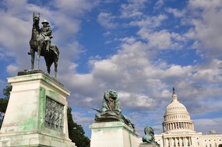 The Ulysses S. Grant Calvary Memorial stand in front of the Capitol Building in Washington, D.C., and commemorates the leader of the Union Army during the Civil War and the 18th President of the United States.