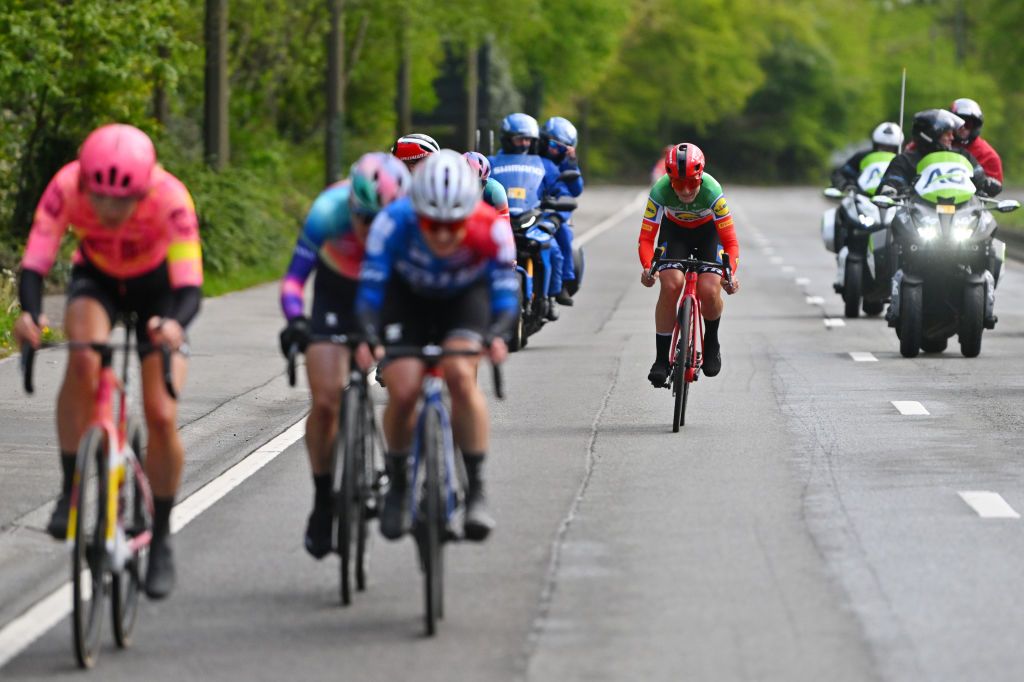 LIEGE BELGIUM APRIL 24 Elisa Longo Borghini of Italy and Team Lidl Trek attacks in the breakaway during the 8th Liege Bastogne Liege Femmes 2024 a 1529km one day race from Bastogne to Liege UCIWWT on April 24 2024 in Liege Belgium Photo by Luc ClaessenGetty Images