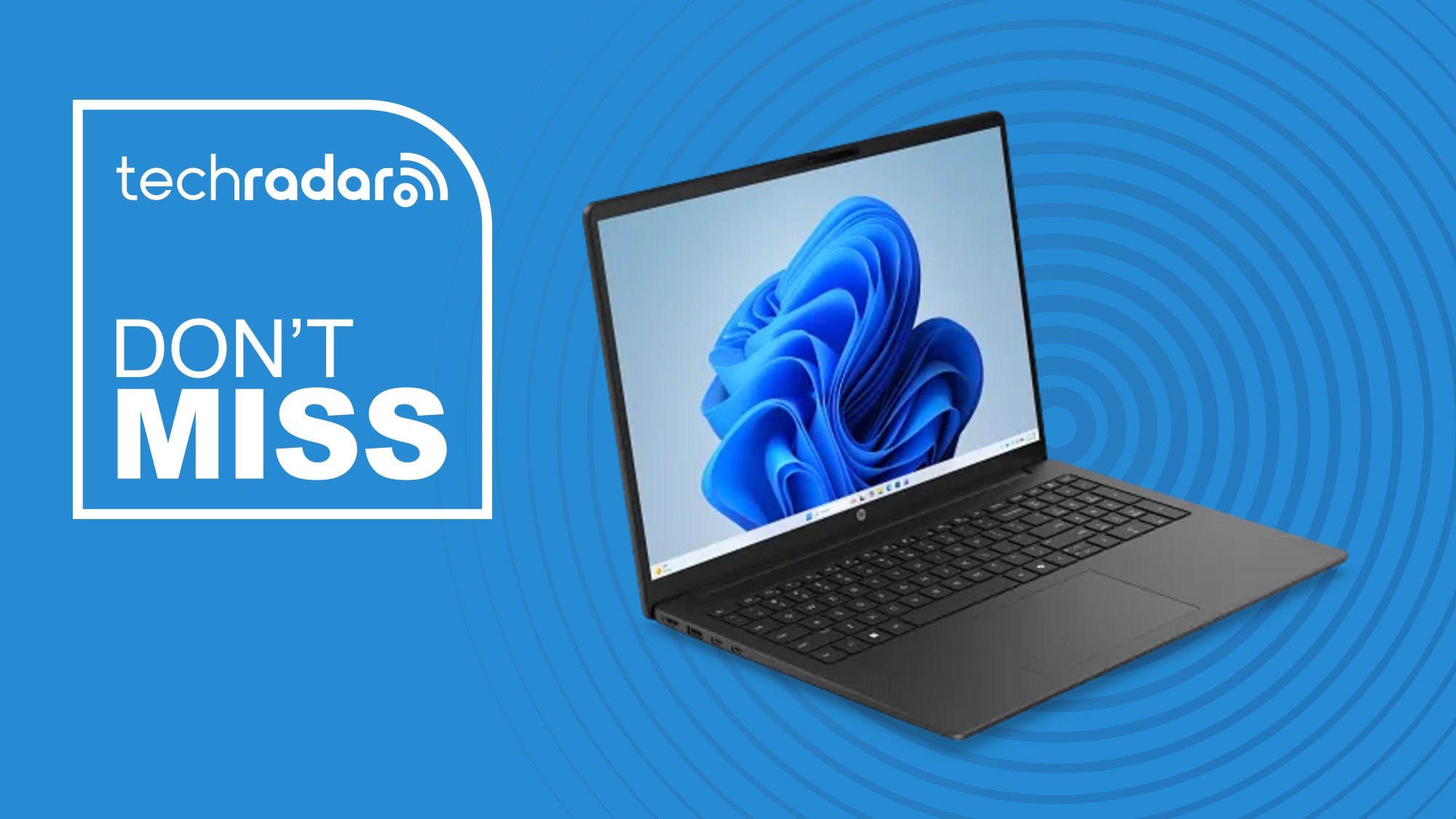 A HP OmniBook 3 on a blue background next to a white techRadar badge in the upper left that reads 'Don't Miss'