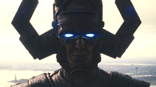 Galactus with eyes glowing blue standing in New York City in The Fantastic Four: First Steps