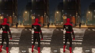 In-game screenshots of Spider-Man Remastered showing a visual comparison of DLSS, FSR, and XeSS upscalers in action