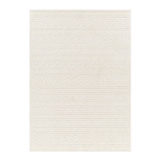 A cream white rectangular woven rug with geometric patterns running the width