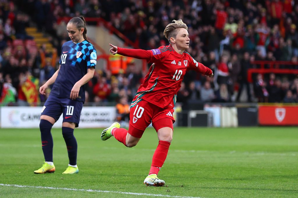 Jessica Fishlock of Wales celebrates scoring her team&#039;s first goal during the UEFA EURO 2025 Women&#039;s Qualifiers match between Wales and Croatia at Racecourse Ground on April 05, 2024 in Wrexham, Wales.