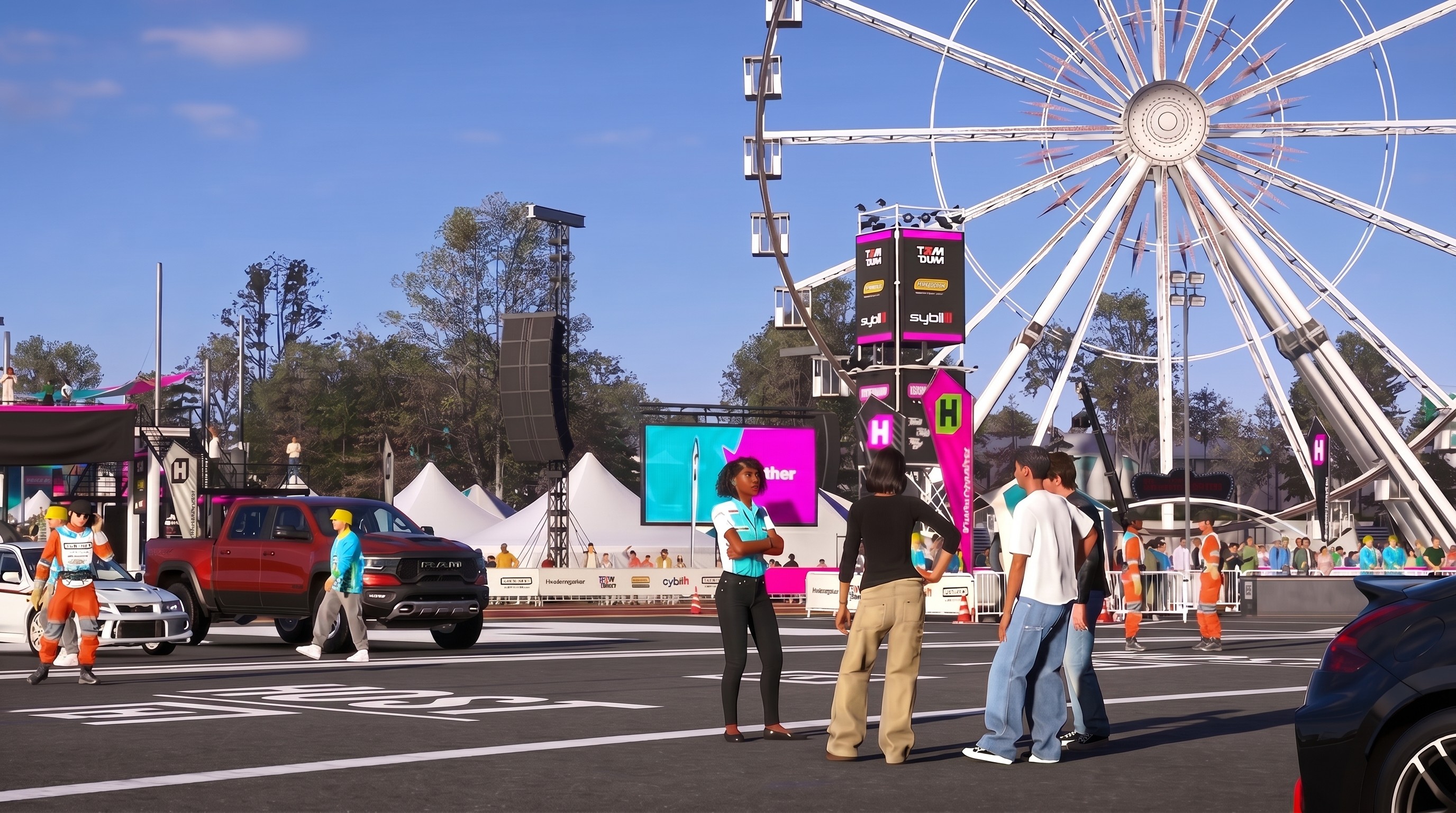 A screenshot of Forza Horizon 6 characters talking at the Horizon Festival outpost. 