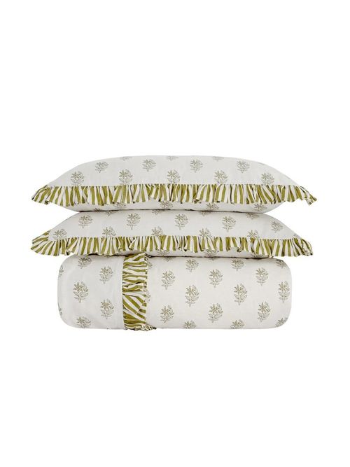 Darcy Floral Olive Green Ruffle Linen Blend Duvet Set