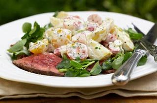 Rare roast beef and crushed potato salad