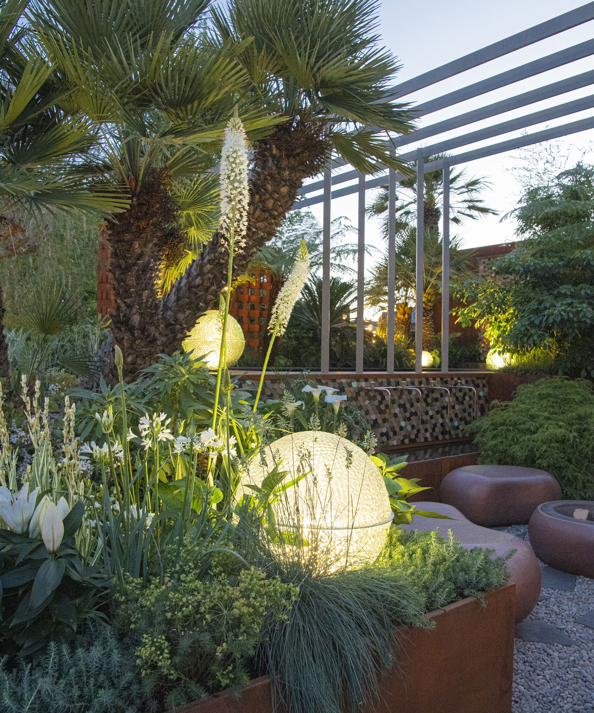 modern urban garden with sphere lighting