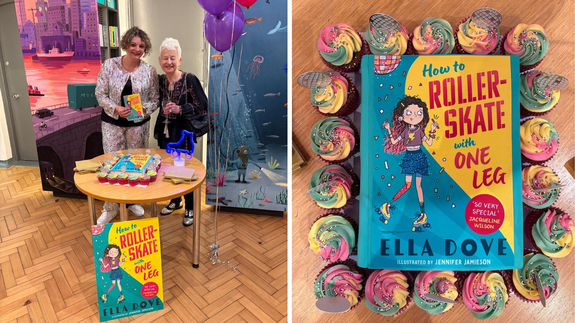 Left: Ella Dove at her book launch with fellow children's author Jacqueline Wilson. Right: Ella's book, How to Rollerskate with one leg