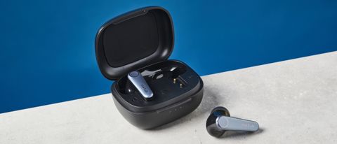 An EarFun Air Pro 3 wireless earbud sitting in its case, and the other earbud sitting outside