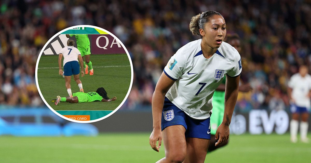 England women&#039;s star Lauren James stamps on Michelle Alozie of Nigeria at the Women&#039;s World Cup 2023 which later leads to a red card being shown following a Video Assistant Referee review during the FIFA Women&#039;s World Cup Australia &amp; New Zealand 2023 Round of 16 match between England and Nigeria at Brisbane Stadium on August 07, 2023 in Brisbane / Meaanjin, Australia.