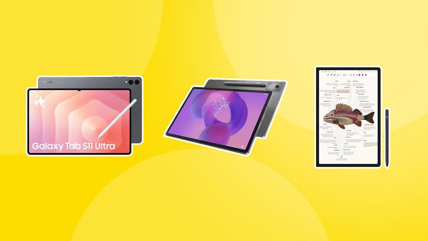 Three of the best tablets with a stylus included on a bright yellow background