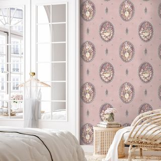 bedroom with cameo wallpaper pink