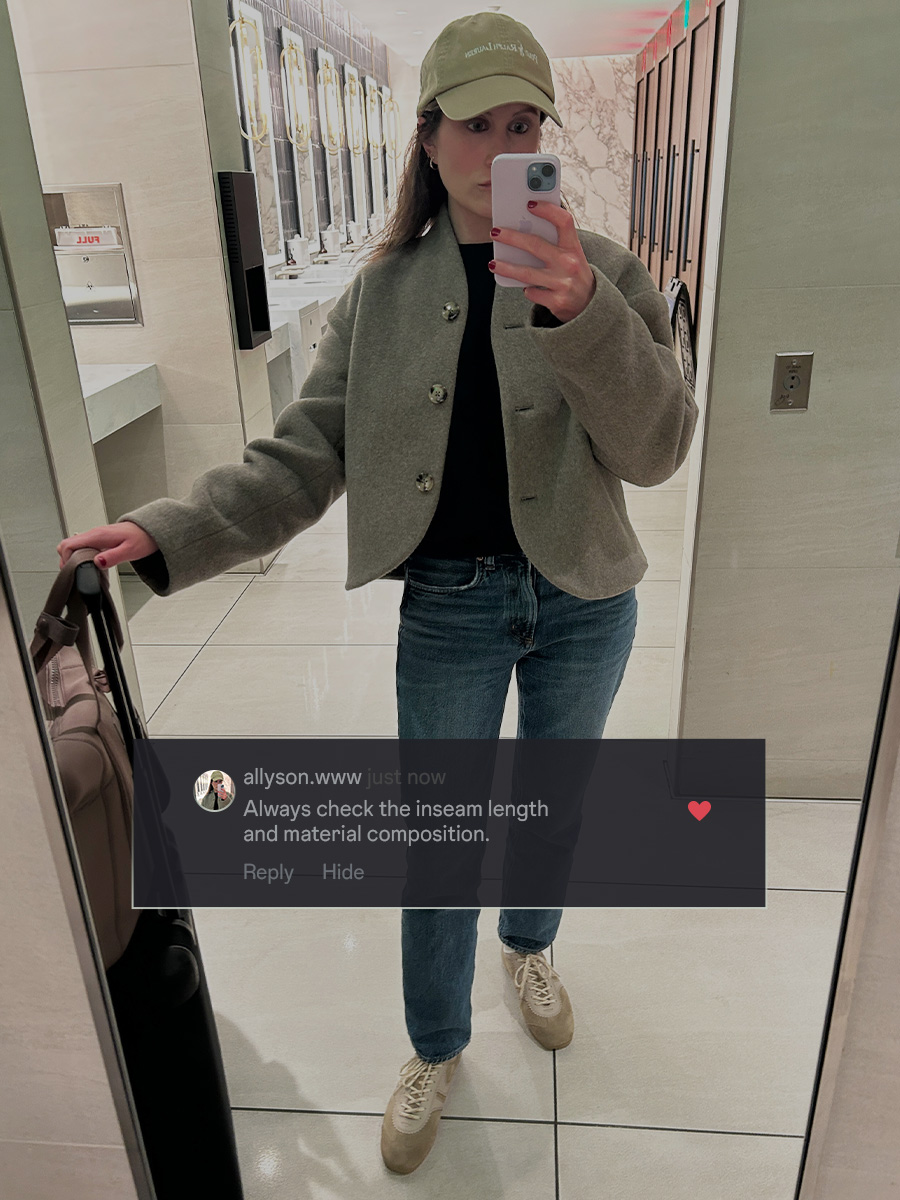 who what wear editor wearing denim in front of a mirror posing for a mirror pic