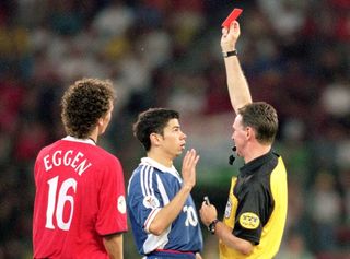 Yugoslavia forward Mateja Kezman is sent off against Norway at Euro 2000.