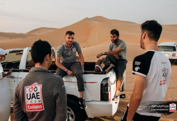 Fernando Gaviria chats to some of his new UAE Team Emirates teammates