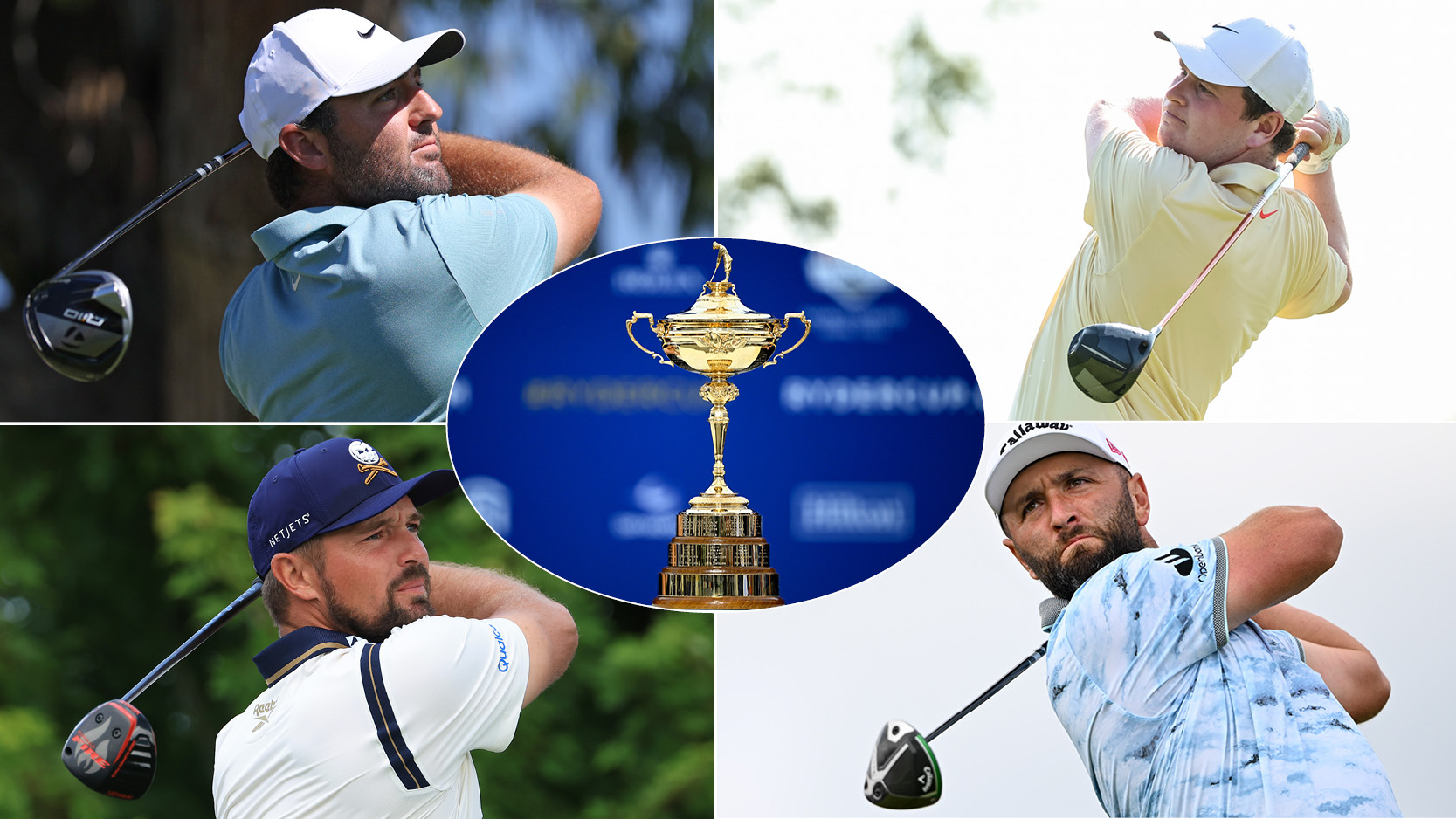 The Ryder Cup in the middle with Scottie Scheffler, Bryson DeChambeau, Robert MacIntyre and Jon Rahm around it