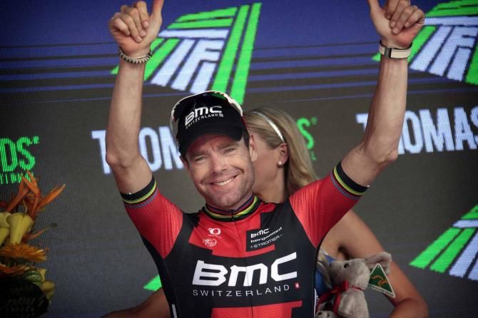 Cadel Evans (BMC) celebrates on the podium at the Tour Down Under.