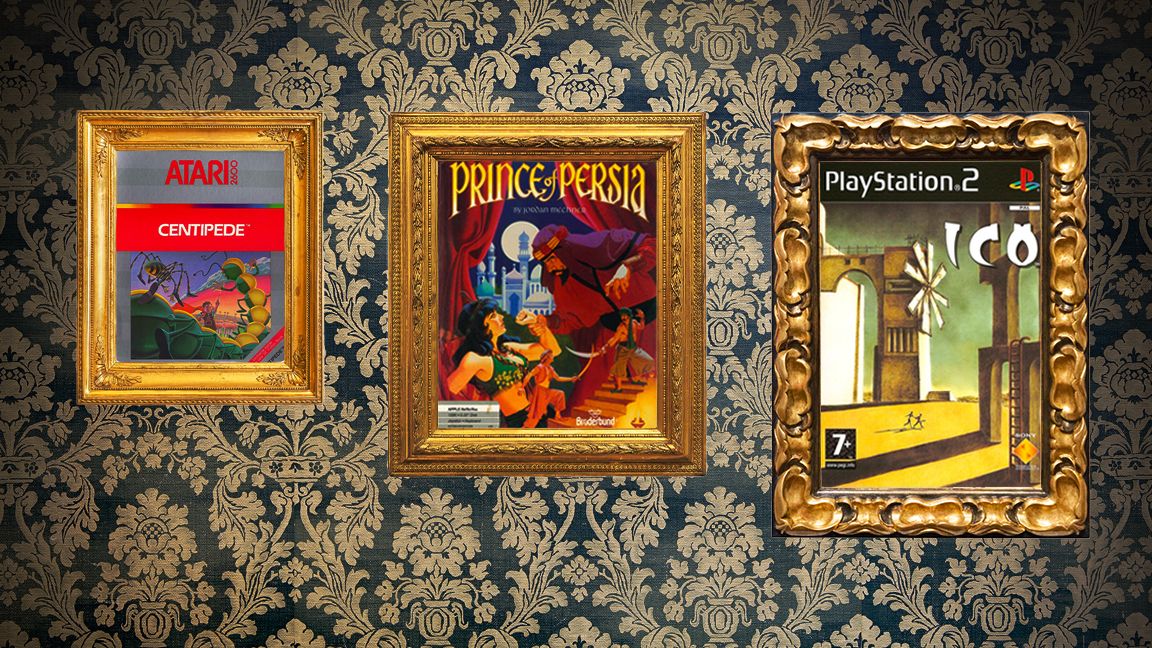 Video game box art; game box art framed on a wall