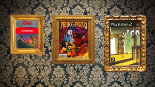 Video game box art; game box art framed on a wall