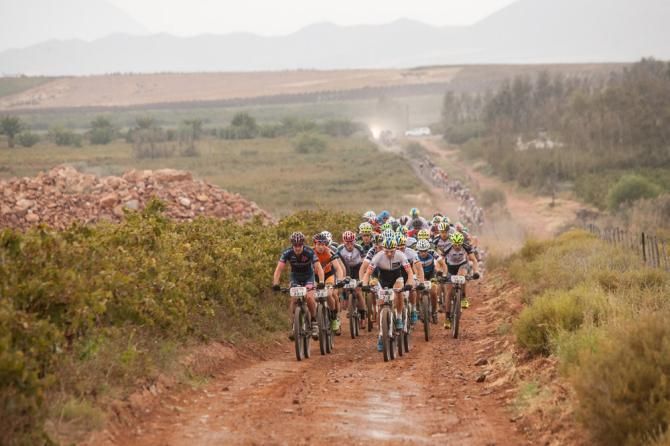 The Cape Epic field early in stage 1 from Robertson to Arabella Wines