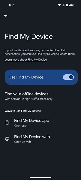 The toggle option for the Pixel 8's Find My Device network.