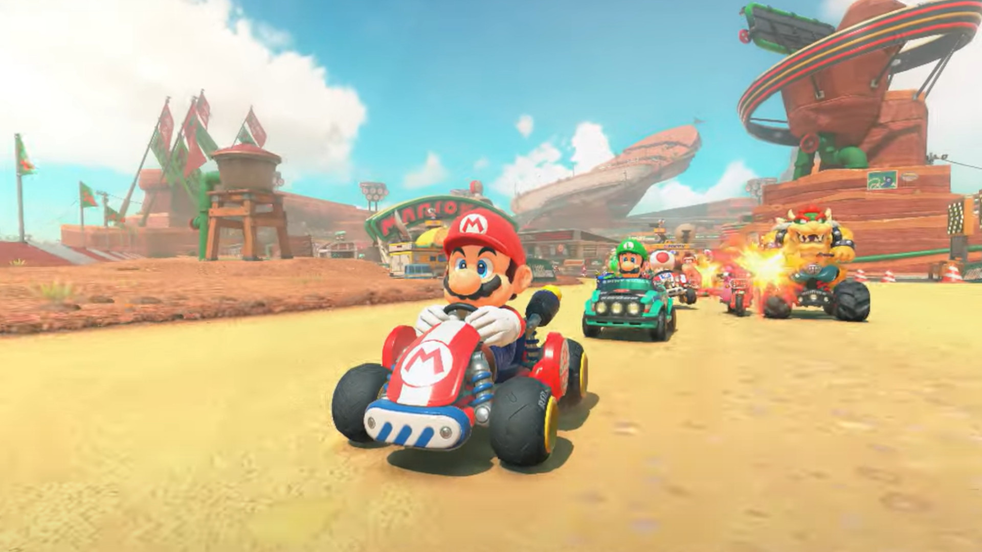 Mario corriendo en una pista desértica en el tráiler de Switch 2.