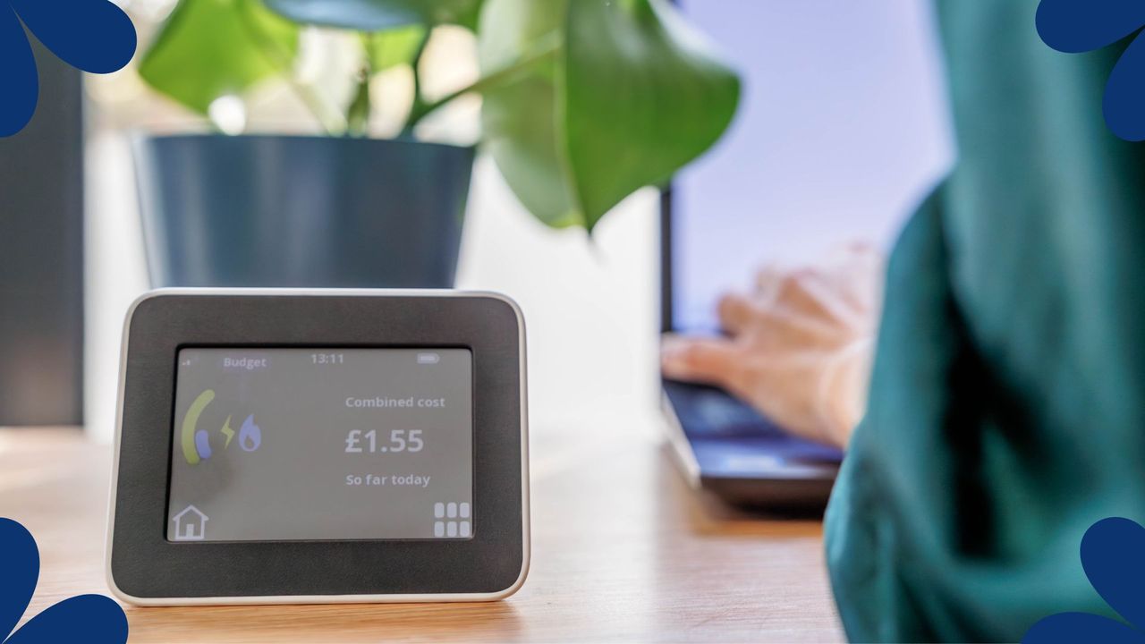  picture of woman working on laptop with energy smart meter next to her 