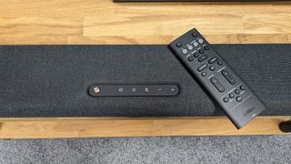 Yamaha True X Soundbar System top down view showing control panel and with remote on top