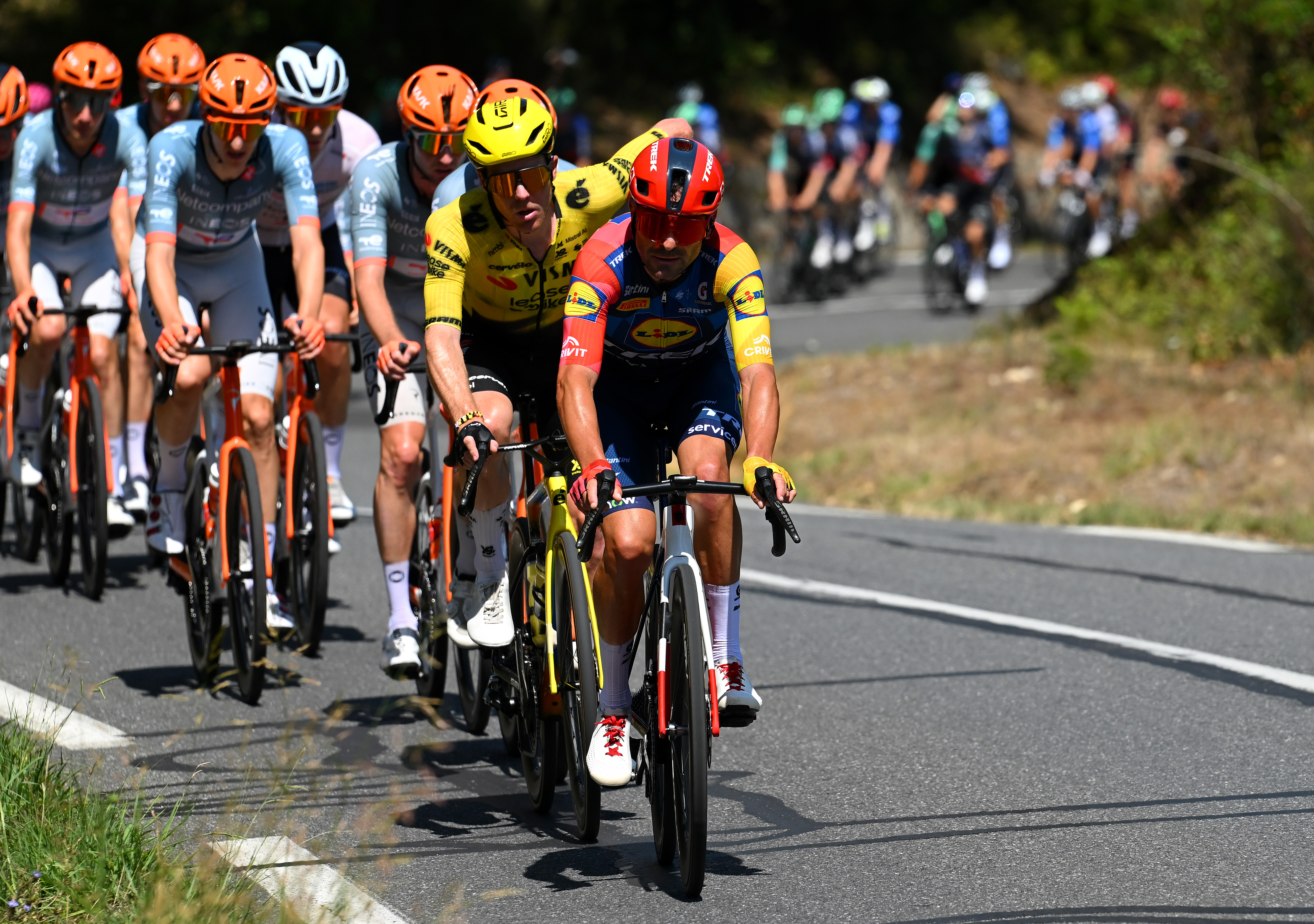 MANOSQUE, MONACO - AUGUST 23: Jacopo Mosca of Italy and Team Lidl - Trek leads the peloton during the La Vuelta - 81st Tour of Spain 2026, Stage 2 a 214.3km from Monaco to Manosque 408m / #UCIWT / on August 23, 2026 in Manosque, Monaco. (Photo by Tim de Waele/Getty Images)