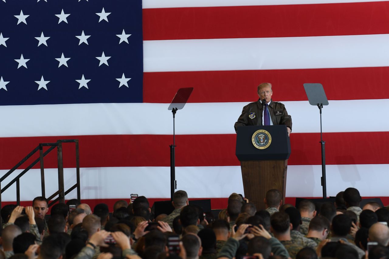 President Trump addressing U.S. soldiers.