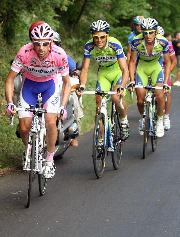Denis Menchov leads Liquigas teammates Ivan Basso and Franco Pellizotti.