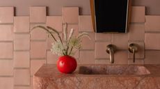 bathroom counter with terracotta tiles, mirror with timber detailing, red marble sink, and bright red vase