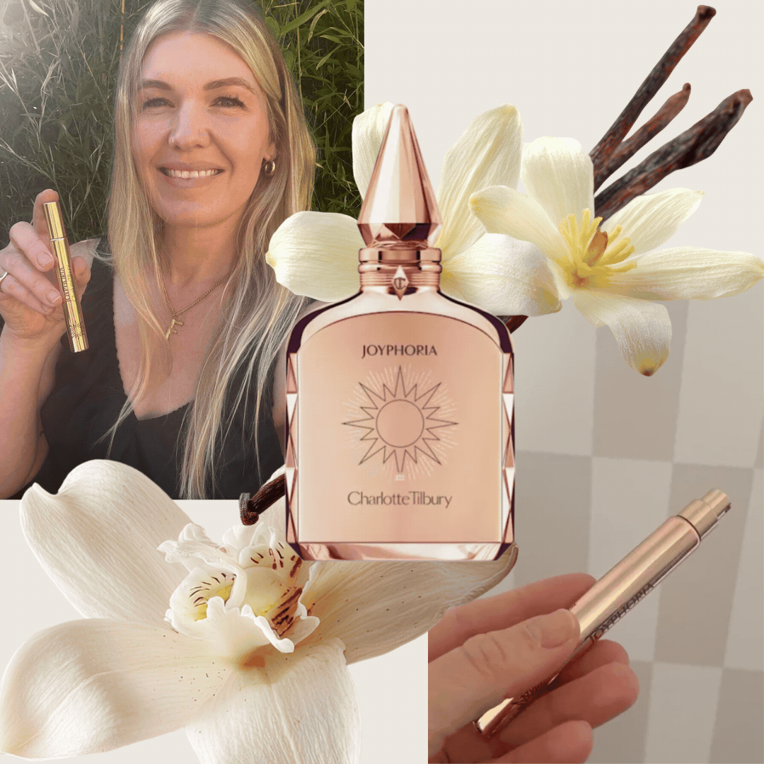 A picture of Digital Beauty Editor, Fiona McKim holding a small bottle of the Charlotte Tilbury Joyphoria fragrance, as part of collage also featuring a product shot of the full-size perfume, stock images of vanilla pods and flowers, and a gif of Fiona turning over the bottle in her hand.