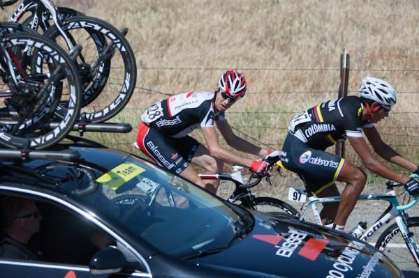 Jeremy Vennell (Bissell) gets some instruction from his team car.