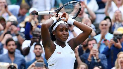 American 15-year-old Cori Gauff reacts after her stunning win against Venus Williams at Wimbledon