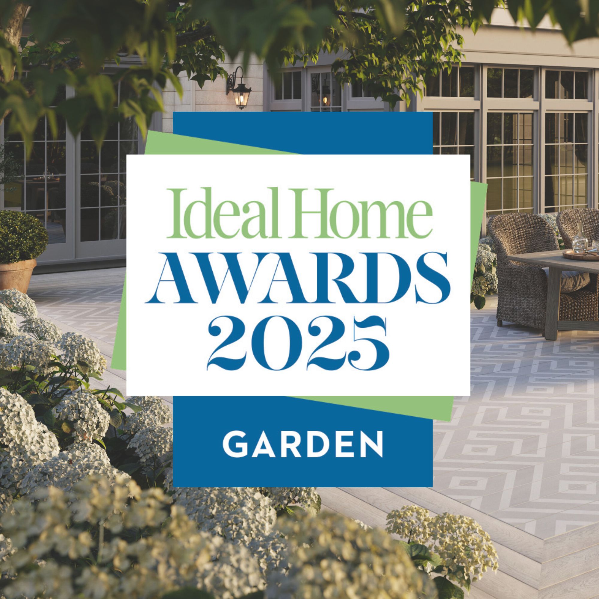 Ideal Home Awards 2025 garden logo in front of Millboard Modello