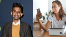 Dr Amir Khan next to woman checking her blood pressure on blood pressure monitor, looking at phone for results