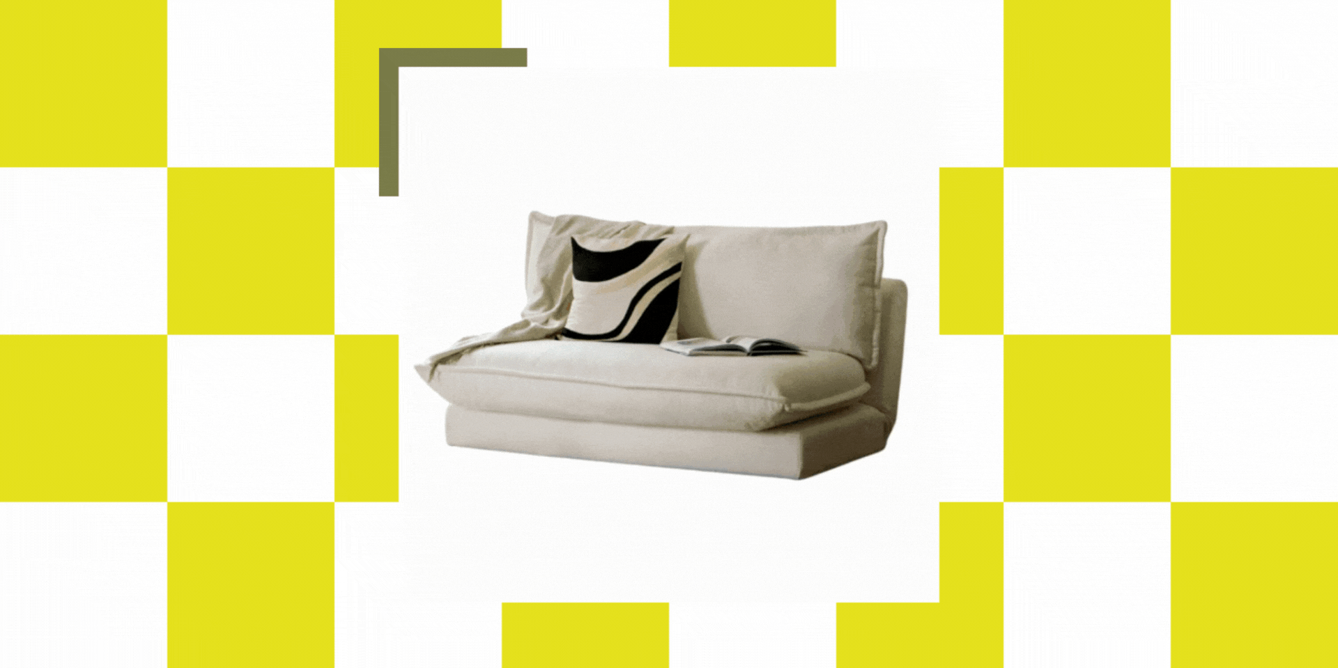 a yellow and white checkerboard background with a GIF of different sofa beds.