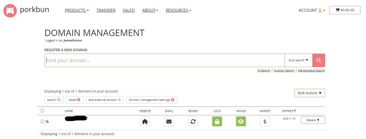 An image of Porkbun's dashboard