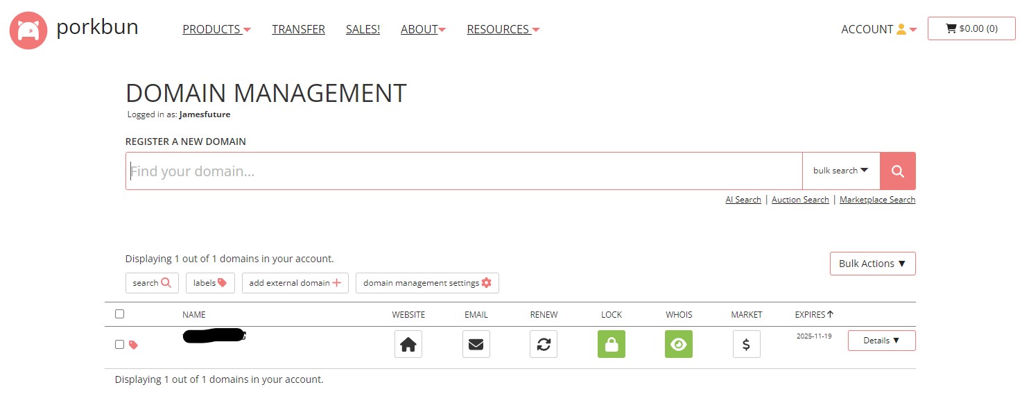 An image of Porkbun's dashboard